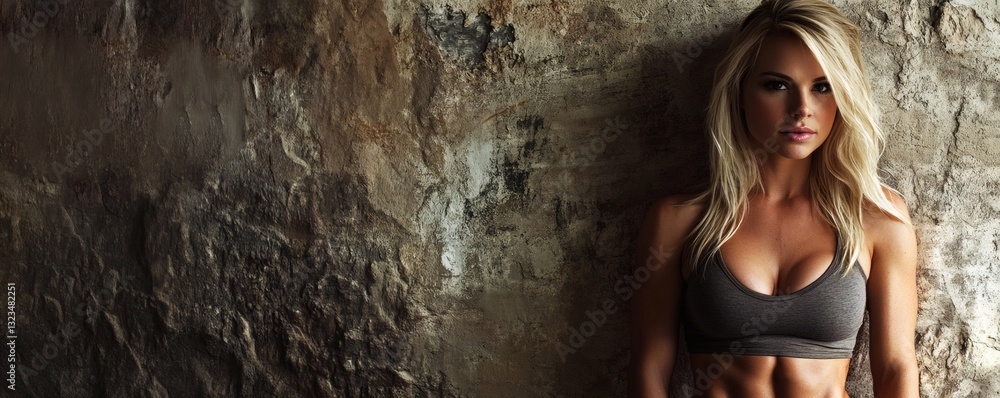 Fototapeta premium A beautiful fit blonde woman poses near a textured stone wall