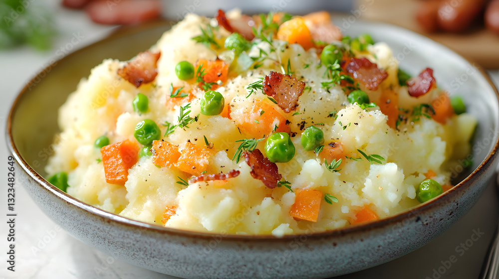Delicious Dish of Leftover Mashed Potatoes with Vegetables and Crispy Bacon Bits