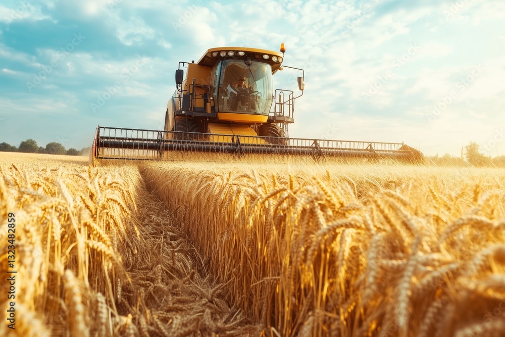 Fototapeta premium Mature golden wheat field being harvested by a combine harvester, agriculture machine, during sunny summer day