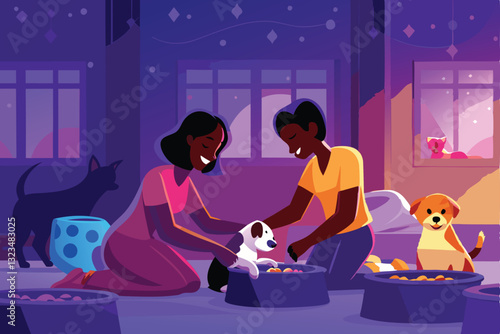A heartwarming image depicting cheerful volunteers compassionately rescuing and caring for various animals, showcasing their dedication and teamwork.