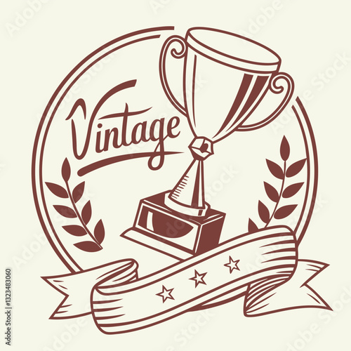 Vintage trophy illustration featuring decorative elements like stars and laurel leaves, conveying achievement and celebration in a nostalgic style