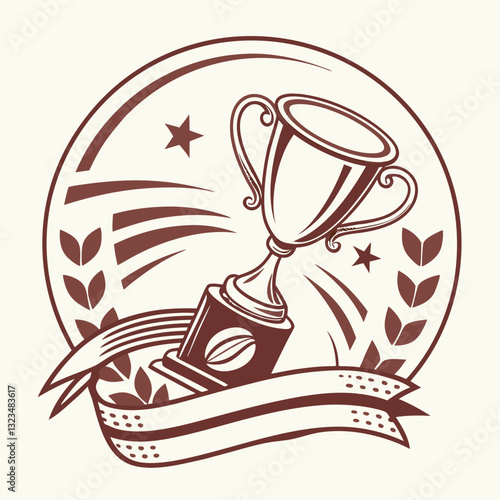 Vintage trophy illustration featuring decorative elements like stars and laurel leaves, conveying achievement and celebration in a nostalgic style