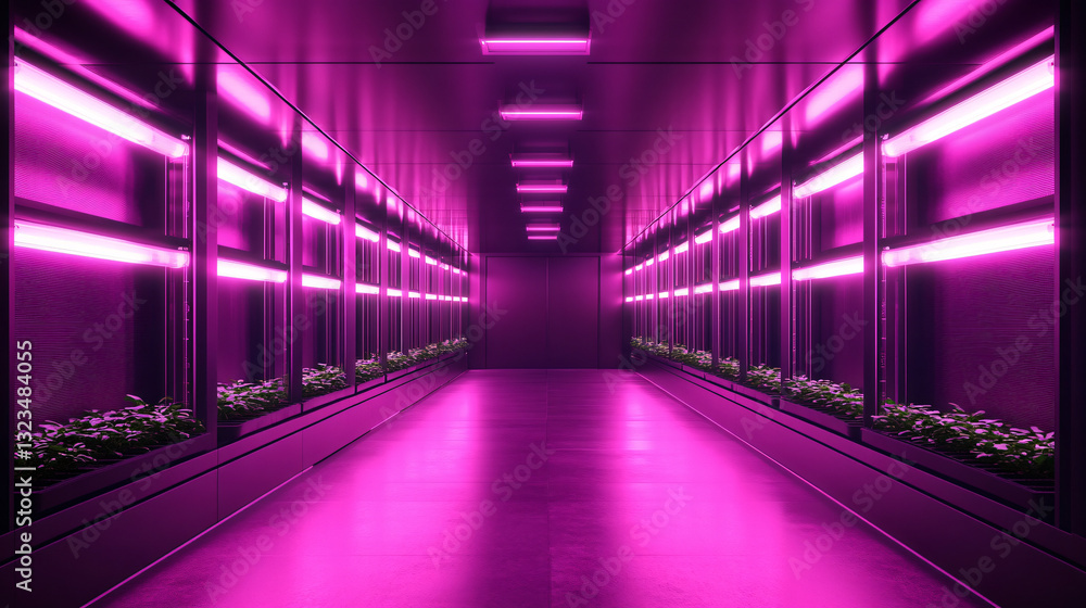 Long corridor filled with vibrant plants in a high-tech vertical farming facility showcasing sustainable agriculture Long corridor filled with vibrant plants in a high-tech vertical farming facility showcasing sustainable agriculture
