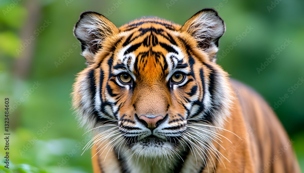 Fototapeta premium Close-up of a Sumatran tiger's face in a lush forest