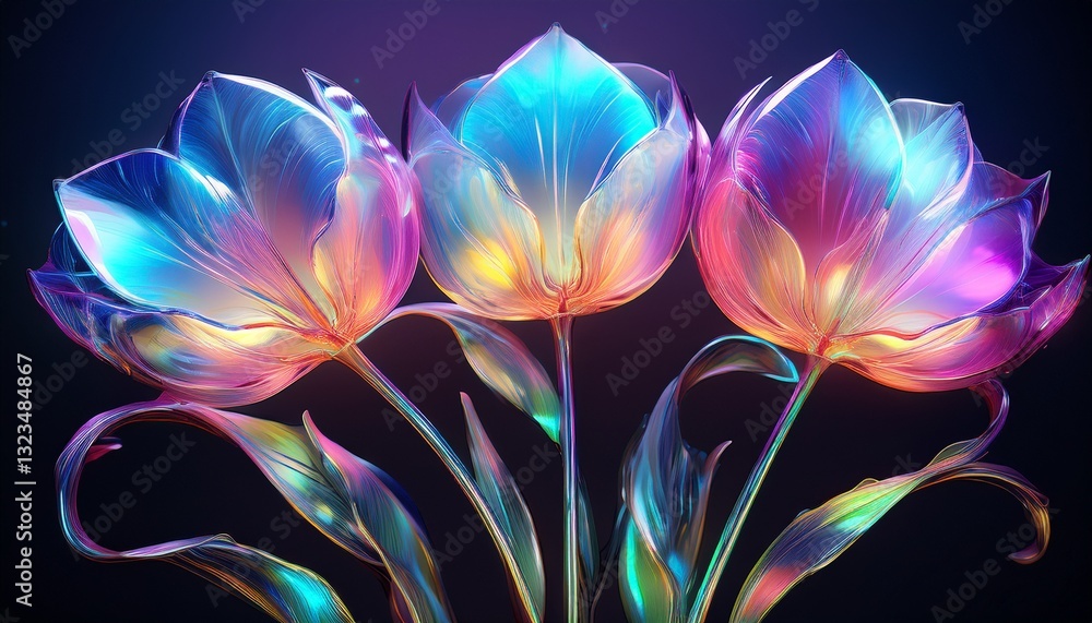 Fototapeta premium Holographic tulips with iridescent petals, showcasing ultra-modern fantasy botanical artwork with vibrant colors and futuristic design
