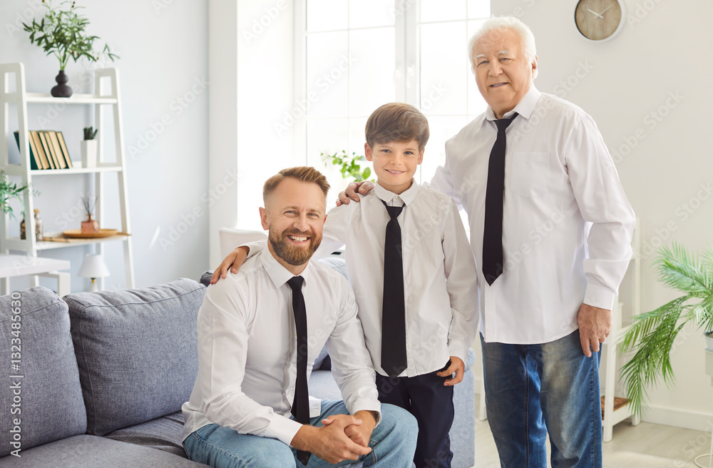 Portrait of happy smiling three generation men family of child boy, father and grandfather standing in living room at home wearing white shirts and ties and looking cheerful at camera. Portrait of happy smiling three generation men family of child boy, father and grandfather standing in living room at home wearing white shirts and ties and looking cheerful at camera.