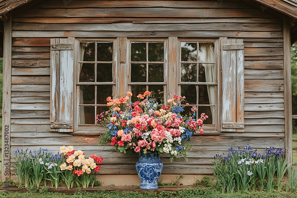 Naklejka premium Colorful flowers arranged in front of a rustic wooden building