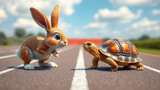 A classic race begins: a determined tortoise faces a confident rabbit on a sunny track, embodying the timeless tale of perseverance.