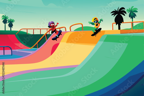 Vibrant cartoon characters skateboarding, grinding, and enjoying a colorful, whimsical skatepark filled with ramps, rails, and playful designs.