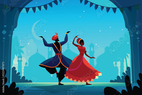 Vibrant vector illustration of a traditional Eid celebratory dance performance, showcasing diverse costumes and joyful expressions.