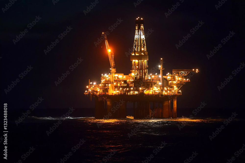 Fototapeta premium Offshore oil platform glows brightly at night, contrasting against the dark sea and sky; illuminated by numerous lights