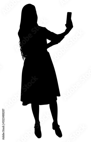 Full length silhouette of woman taking selfie with smartphone. Vector illustration