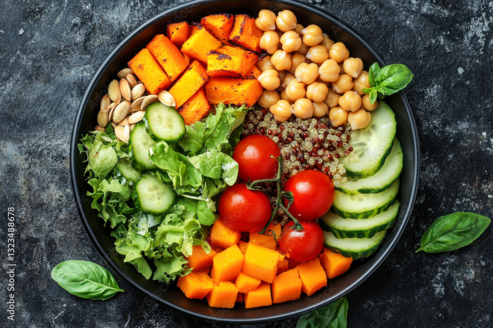 Vibrant vegan buddha bowl with quinoa, chickpeas, and fresh vegetables Vibrant vegan buddha bowl with quinoa, chickpeas, and fresh vegetables