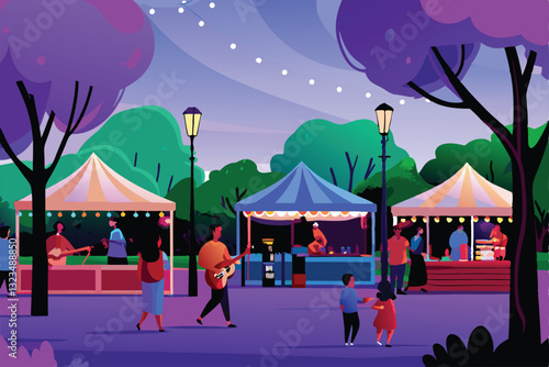 Vibrant community fundraiser in a sunny park, showcasing numerous bustling market stalls offering diverse goods and activities.