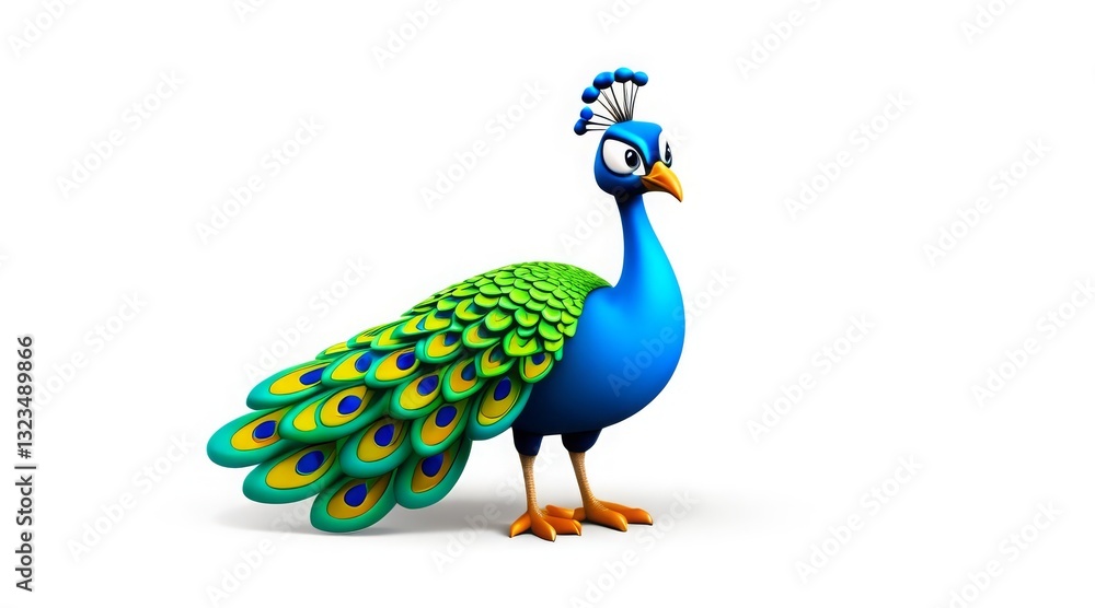 Fototapeta premium Side view of a cartoon peacock with elegant feather pattern