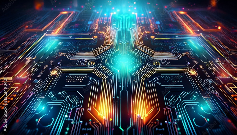 Glowing Circuits on Dark Digital. Futuristic electronic motherboard pattern. High-tech, abstract, modern design Glowing Circuits on Dark Digital. Futuristic electronic motherboard pattern. High-tech, abstract, modern design