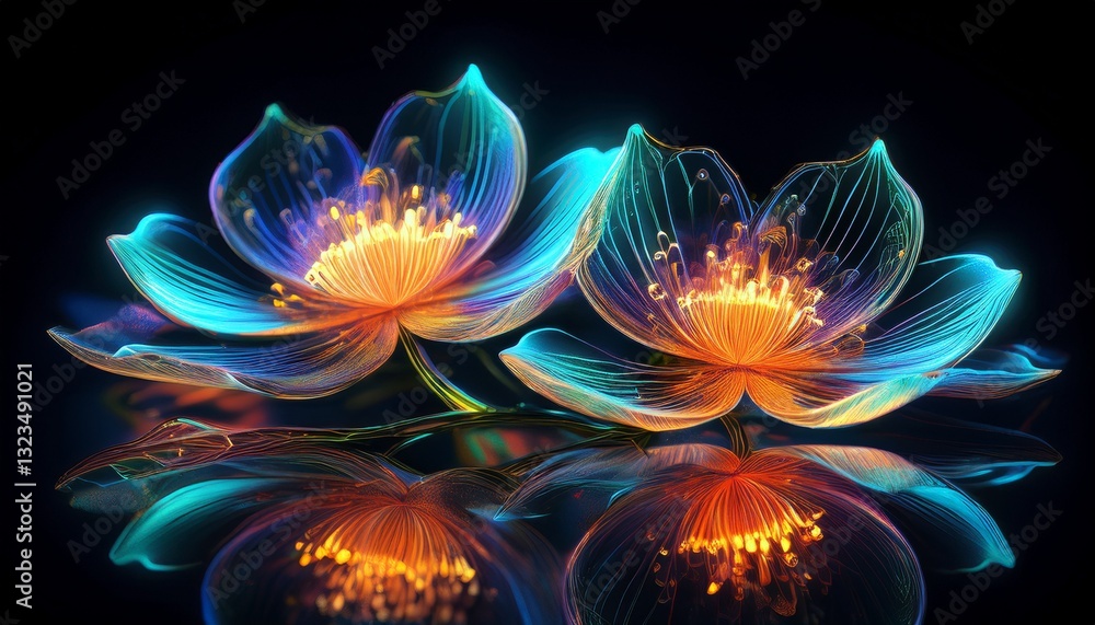 Glowing Bioluminescent Flowers. Mirrored on glossy black, futuristic & captivating. Luminous, abstract, unique design Glowing Bioluminescent Flowers. Mirrored on glossy black, futuristic & captivating. Luminous, abstract, unique design
