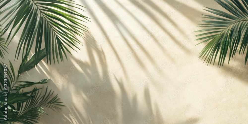 Fototapeta premium Palm Leaf Shadows on Textured Wall Creates Tropical Background for Design