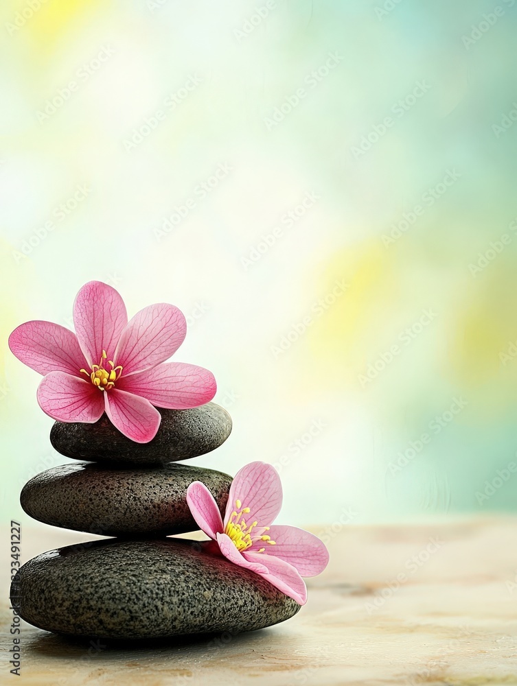 Beautiful stack of rocks intertwined with colorful flowers creating a stunning natural arrangement Beautiful stack of rocks intertwined with colorful flowers creating a stunning natural arrangement