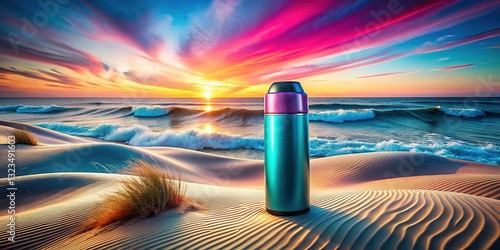 Cyan-magenta dynamic waves on a Sunset Dunes thermos cleaner.