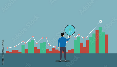 A businessman analyzing stock market trends with a magnifying glass, focusing on featured stocks and financial growth. The image represents investment strategy, financial data analysis concepts