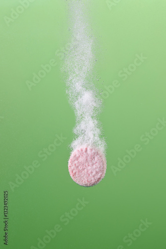 Effervescent Tablet Fizzing in Water on Green Background
