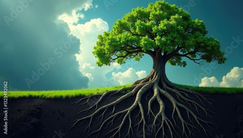 Ancient tree roots stretching through the earth, nature, ancient