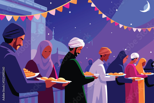 Create a detailed vector illustration of a diverse group of people patiently waiting in a well-organized queue for distribution, showcasing varied expressions and attire.