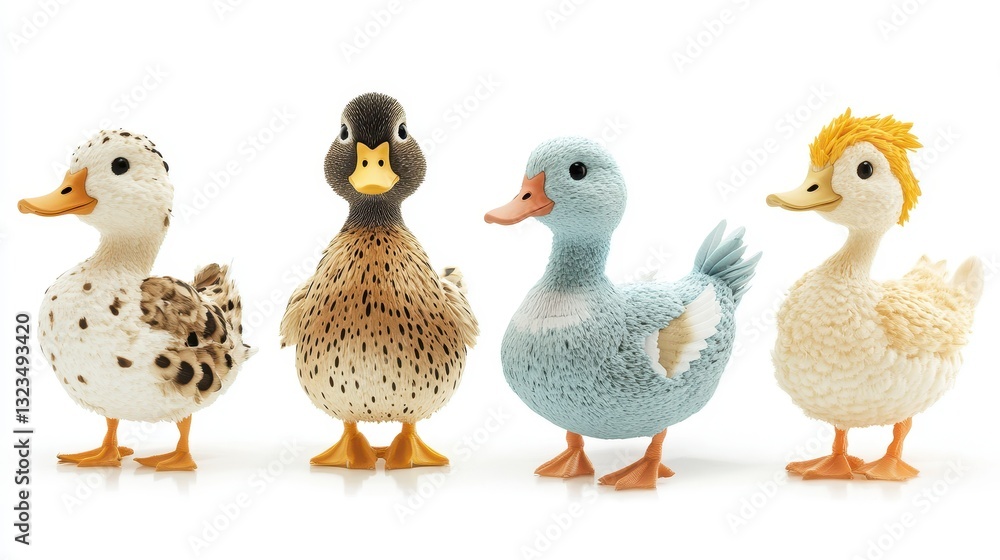 Fototapeta premium Four Adorable Duck Figurines on White Background