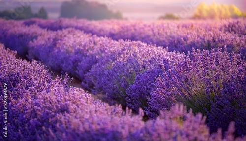 Fresh lavender field in soft morning light, creating a dreamy and calming nature scene