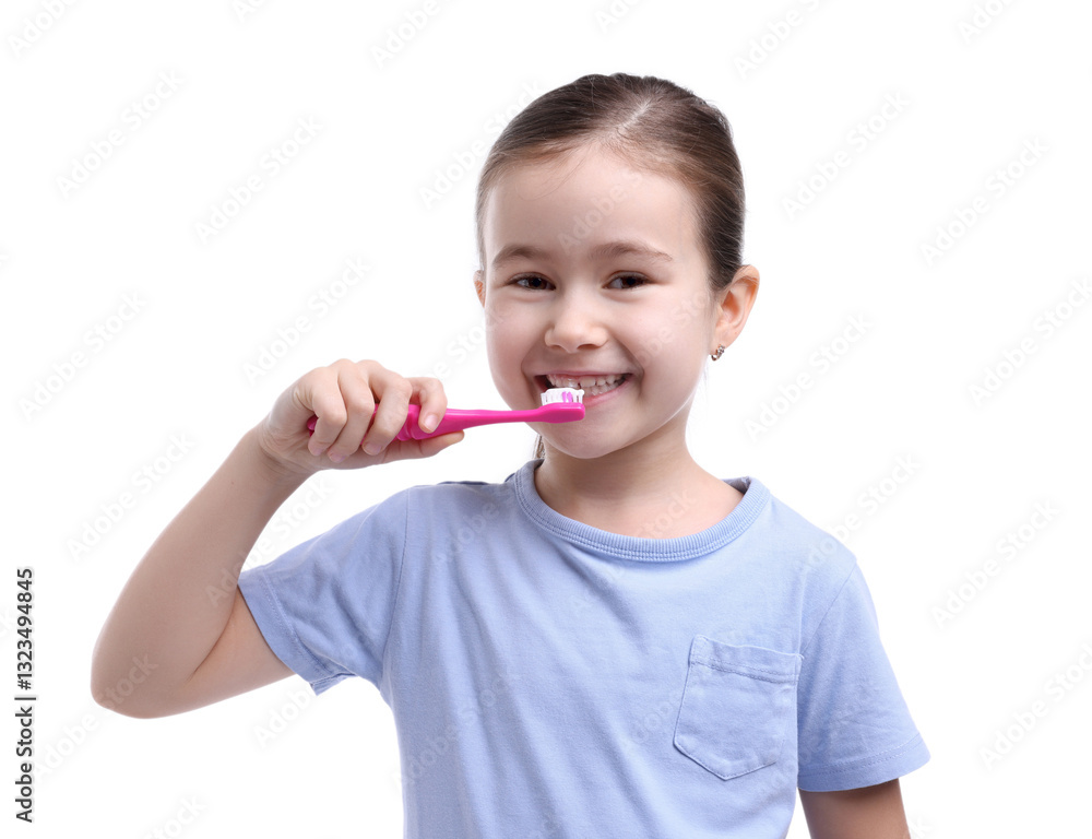 Cute girl brushing her teeth on white background Cute girl brushing her teeth on white background
