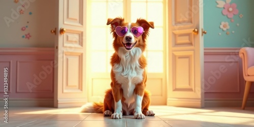 A cheerful canine companion, adorably dressed in heart-shaped sunglasses, sits patiently by an open door, bathed in the warm glow of sunlight streaming through a window in a pastel-colored room.