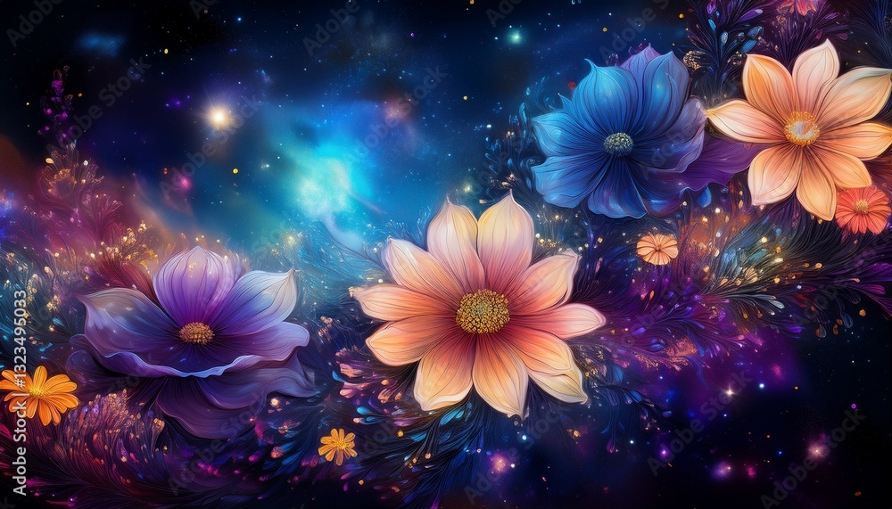 Floral Galaxy Universe. Seamless blend flowers & deep space. Stars & nebulas. Breathtaking cosmic floral design. Floral Galaxy Universe. Seamless blend flowers & deep space. Stars & nebulas. Breathtaking cosmic floral design.