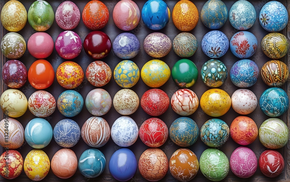 Vibrant Easter Eggs Arranged in a Stunning Mosaic, Showcasing a Kaleidoscope of Colors and Intricate Designs. A Festive Spring Display