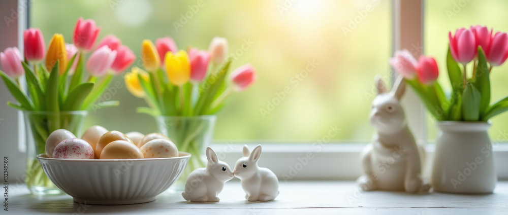 Easter eggs in bowl, fresh tulip flowers and ceramic rabbit bunnies Easter eggs in bowl, fresh tulip flowers and ceramic rabbit bunnies