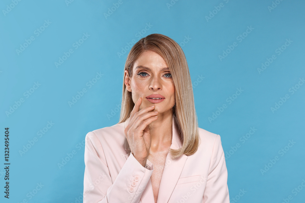 Portrait of beautiful woman with straight blonde hair on light blue background Portrait of beautiful woman with straight blonde hair on light blue background