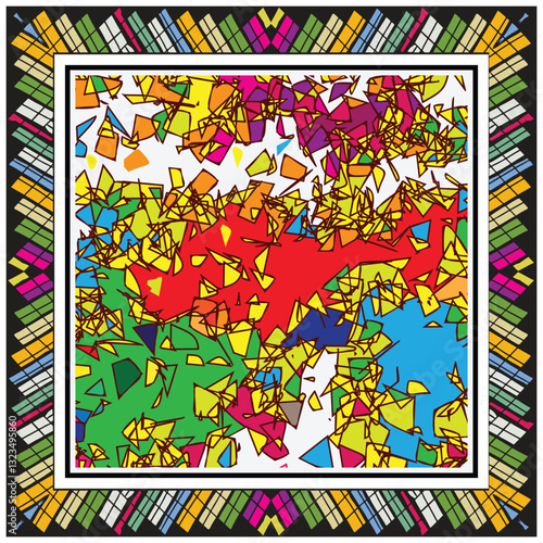 A vibrant abstract image filled with colorful geometric shapes, framed by a patterned border in contrasting colors.