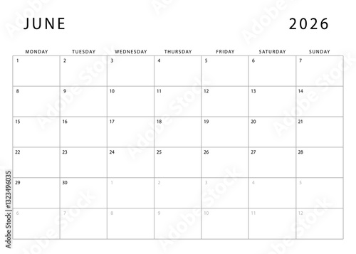 June 2026 calendar. Monthly planner template. Monday start. Vector design