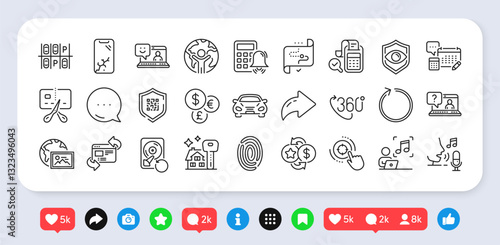 Smartphone broken, Fingerprint and Loop line icons pack. Social media: share, comment, like icons. Faq, 360 degree, Car web icon. Refresh website, Bill accounting, Music pictogram. Vector
