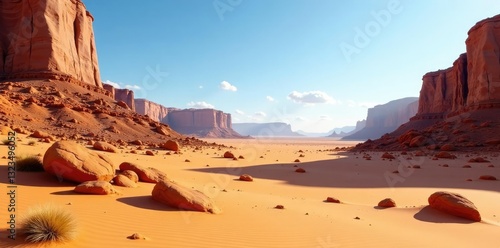 Desert landscape with twisted rock formations, rocks, sandy dunes, arid