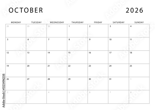 October 2026 calendar. Monthly planner template. Monday start. Vector design
