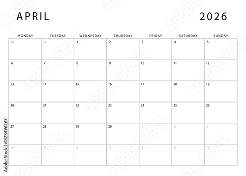 April 2026 calendar. Monthly planner template. Monday start. Vector design