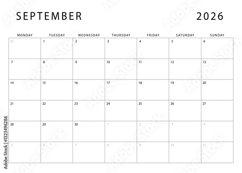 September 2026 calendar. Monthly planner template. Monday start. Vector design