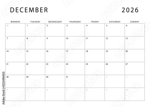 December 2026 calendar. Monthly planner template. Monday start. Vector design