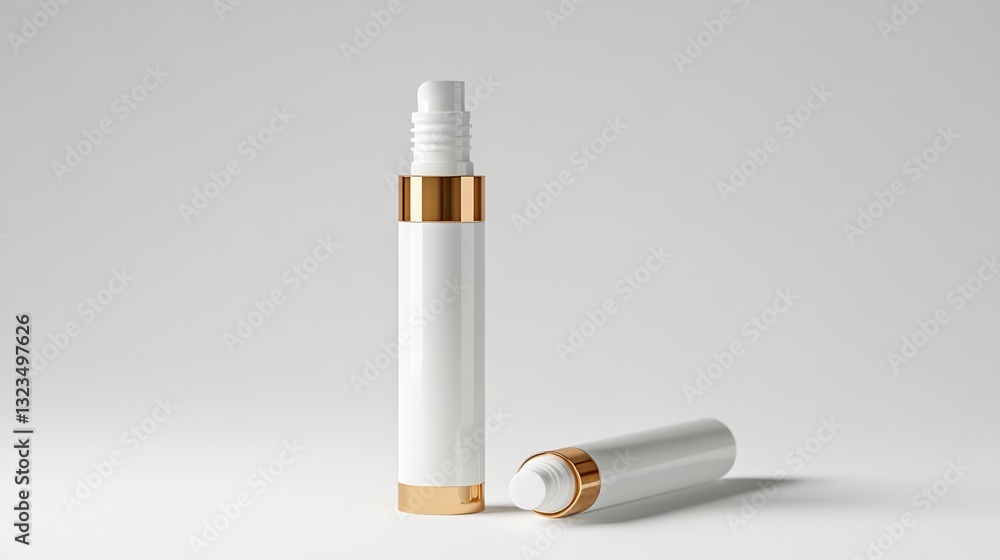 Elegant white cosmetic bottles subtly gleam under soft light. AI Generated Elegant white cosmetic bottles subtly gleam under soft light. AI Generated