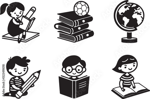 A collection of international children filled and stroke line art symbol and sign. Children reading book silhouette vector illustration design.
