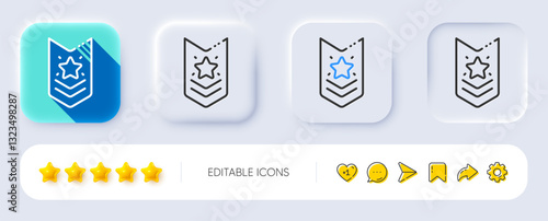 Shoulder strap stars line icon. Neumorphic, Flat shadow, 3d buttons. Star award sign. Best rank symbol. Line shoulder strap icon. Social media icons. Vector