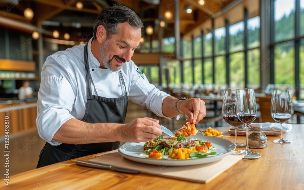 Chef Preparing a Culinary Masterpiece: Exquisite Dish with Wine Pairing Chef Preparing a Culinary Masterpiece: Exquisite Dish with Wine Pairing