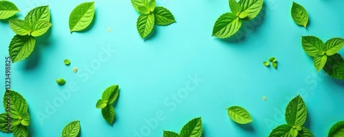 Fresh mint leaves scattered on a blue background, mints, fresh