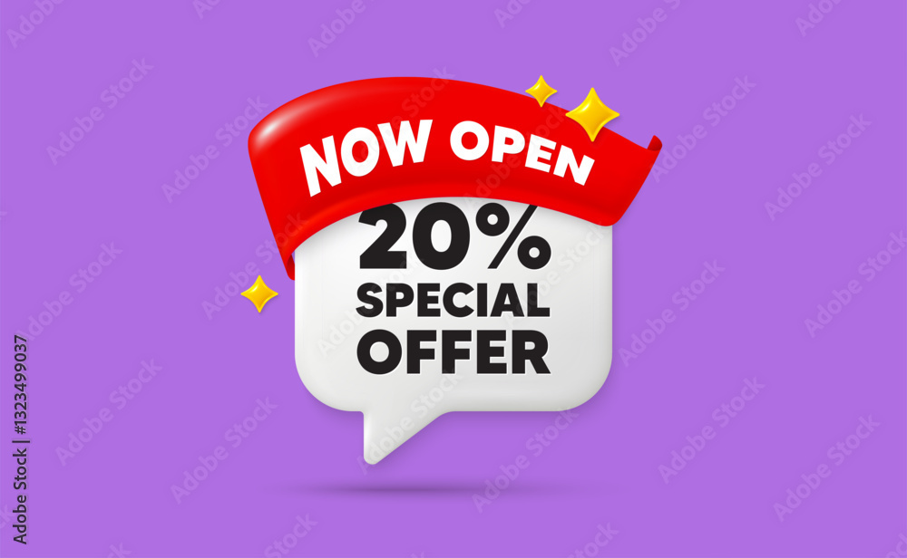 Obraz premium Discount chat speech bubble. Now open flag ribbon. 20 percent discount offer tag. Sale price promo sign. Special offer symbol. 3d sparkle stars speech bubble. Vector